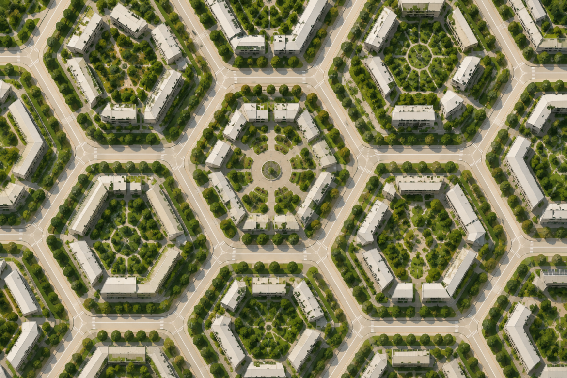 Illustrated aerial view of a hexagonal city layout showing repeating hexagonal blocks filled with tree-lined streets, residential buildings, and green public spaces, with roads running between each hexagonal cell.