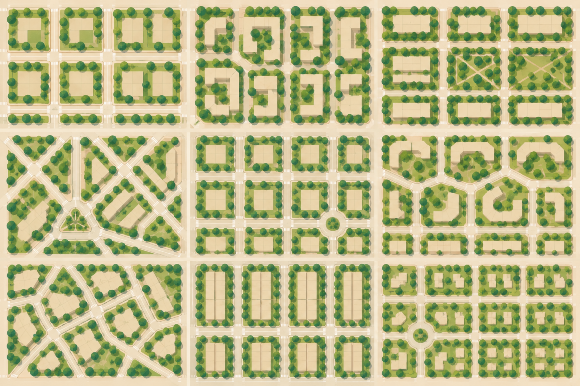 Top-down illustrated map showing a variety of urban street grid patterns arranged together in a modular layout.